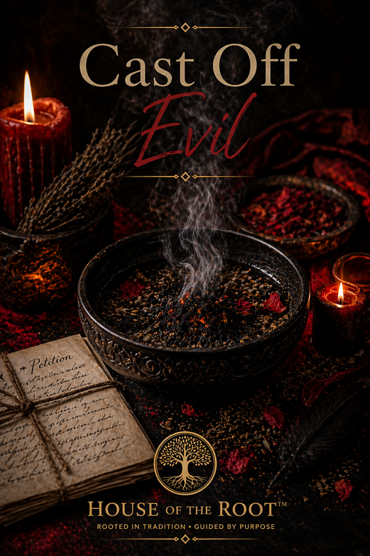 A dark ritual setting featuring a black bowl with ash, herbs, and iron nails, with rising smoke and a lit candle, representing the removal of negative energy and spiritual protection work.