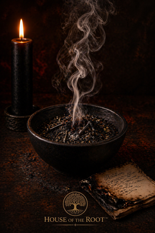 A matte black ritual bowl filled with ash, crushed herbs, and bent nails releasing strong rising smoke, with a partially burned petition paper and a black candle nearby, symbolizing active spiritual work to remove harmful energy.