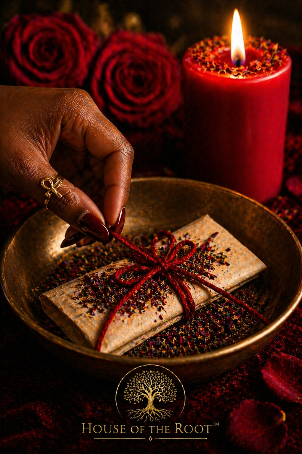 Hand adjusting red thread around a folded petition in a brass bowl with rose petals and candlelight representing attraction work and drawing energy toward you.