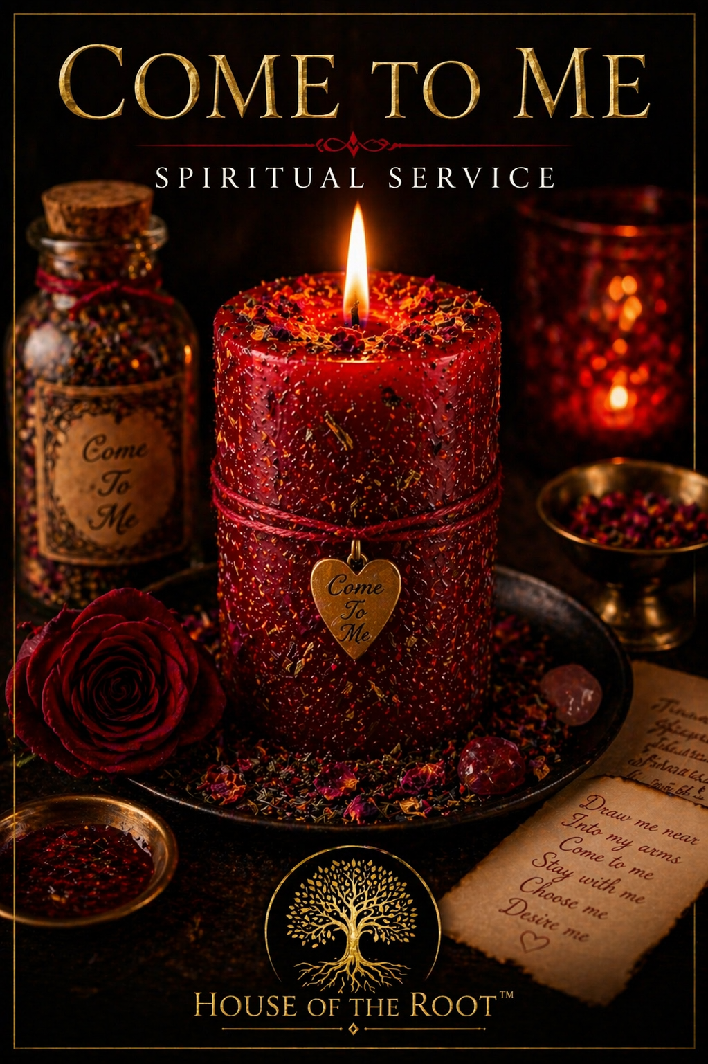 Red candle dressed for attraction work with warm lighting representing desire connection and drawing someone closer