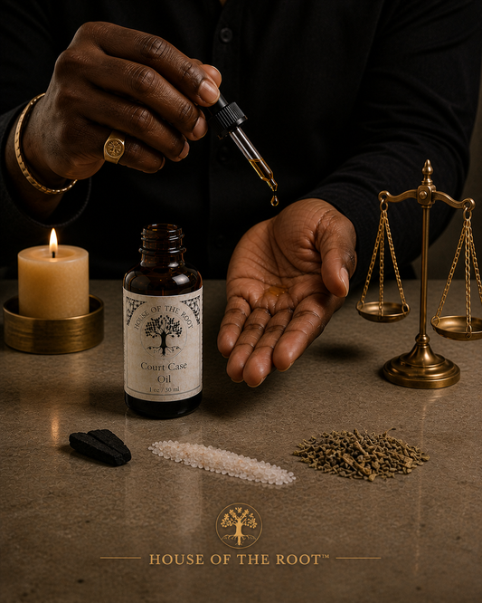Black man’s hands applying Court Case Oil with a glass dropper above the palm, with the labeled amber bottle, lit candle, white salt, black stone and a gold scale on a warm neutral surface, representing legal favor, balanced outcomes and controlled, intentional court work.