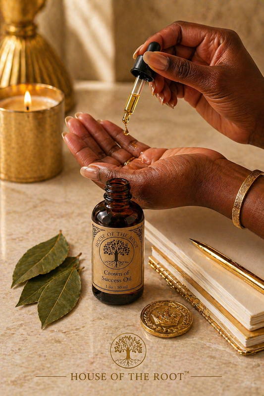 Black woman applying Crown of Success Oil from dropper with amber bottle, gold element, and clean elevated setting