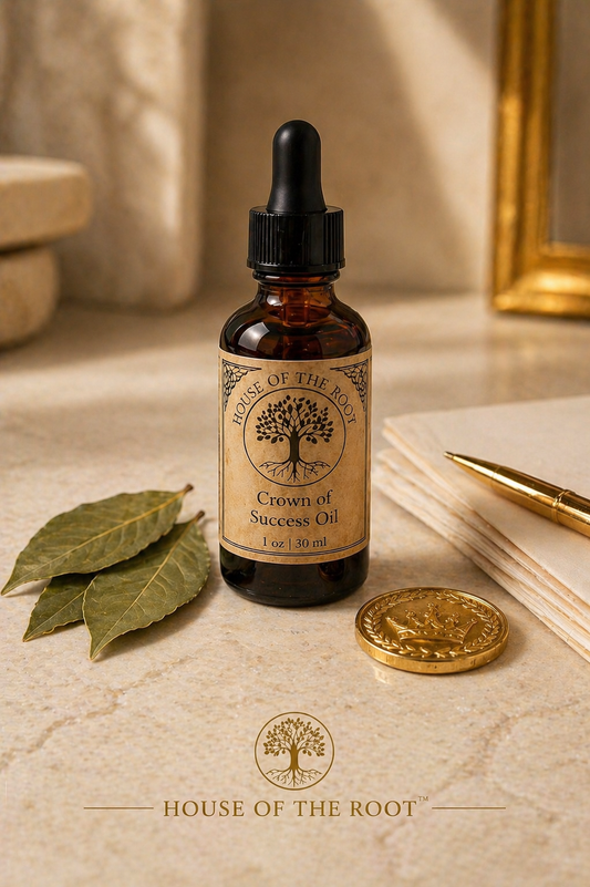 Amber bottle of Crown of Success Oil with bay leaves, gold coin, pen, and documents on light stone surface in clean, elevated setting