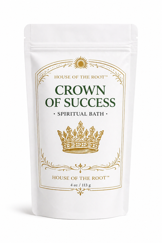 Crown of Success Spiritual Bath by House of the Root™ in a matte white stand-up pouch with gold detailing displayed in a luxury spa-style setting with warm lighting and clean neutral tones representing success, confidence and elevated personal power