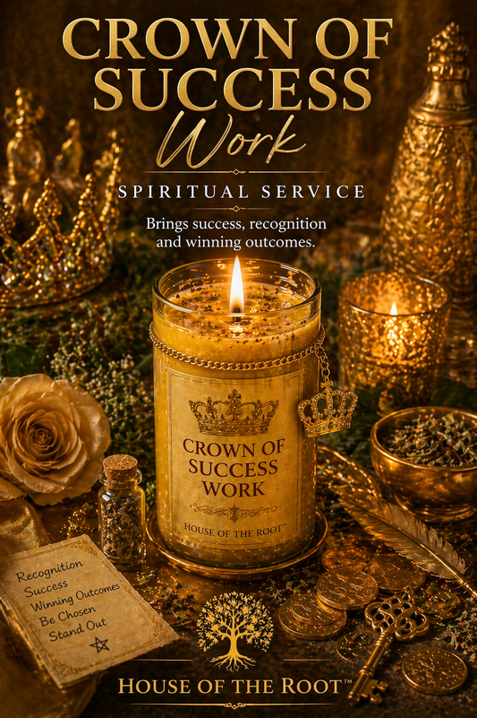 Golden Crown of Success ritual candle surrounded by gold elements herbs coins and warm candlelight representing recognition achievement and winning outcomes