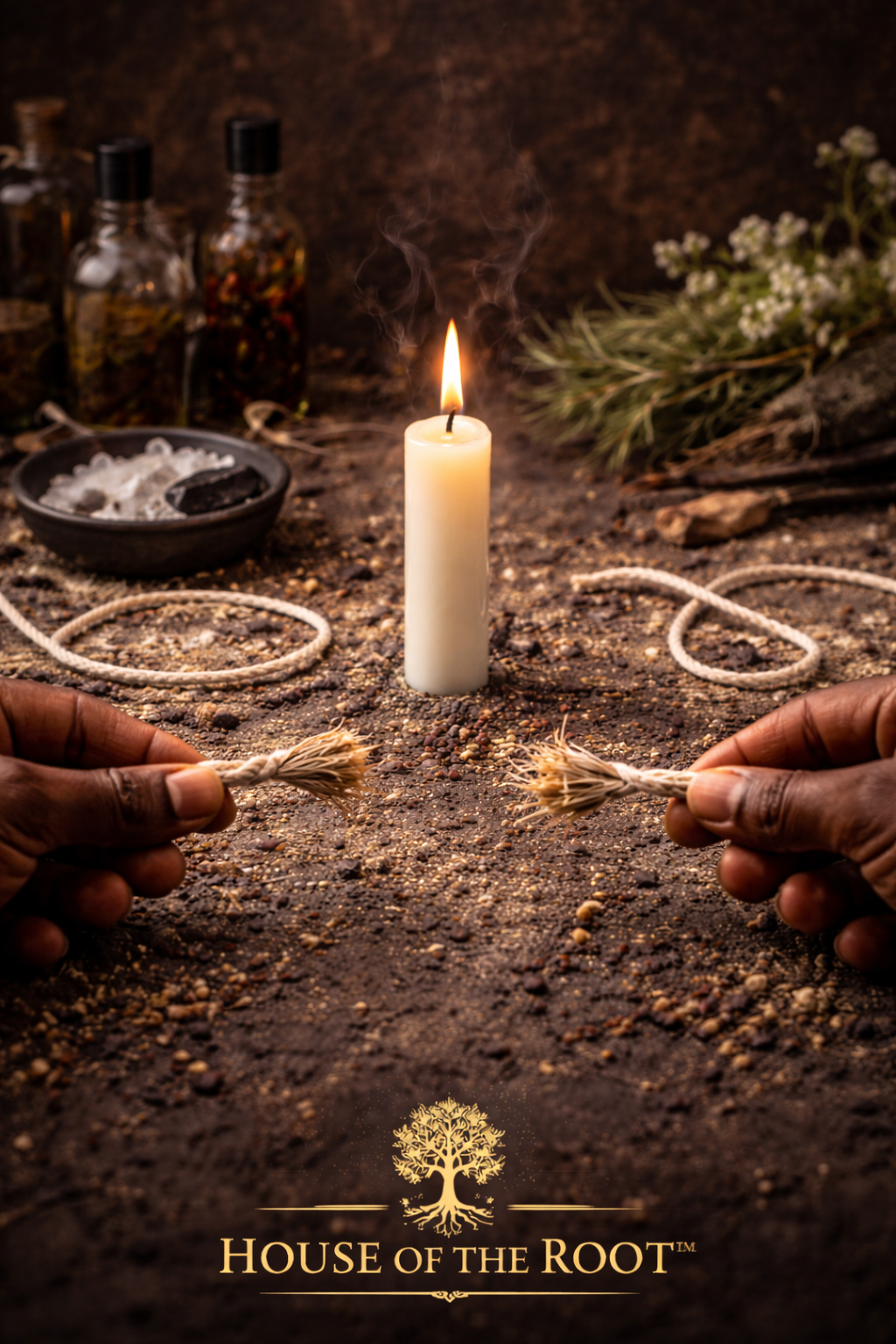 Female hands holding separated cord after ritual to clear attachments and move forward by House of the Root™