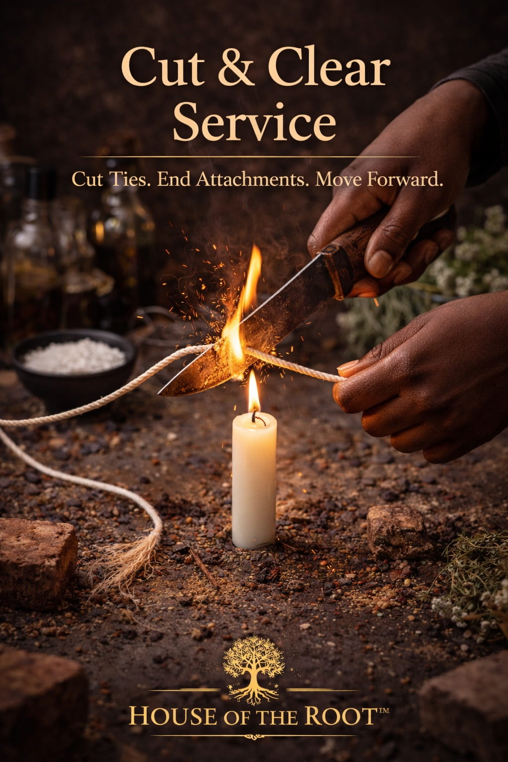 Female hands cutting cord over candle flame to end attachments and release emotional ties by House of the Root™