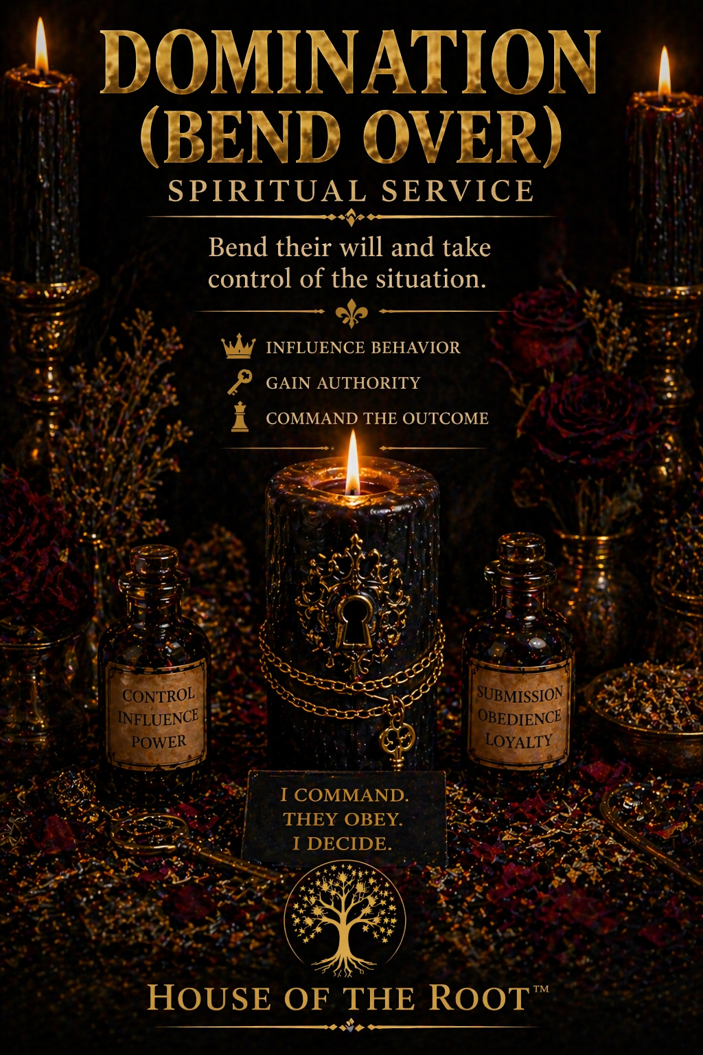Domination spiritual service candle altar with gold dressed candle and commanding energy representing control influence and authority over a situation