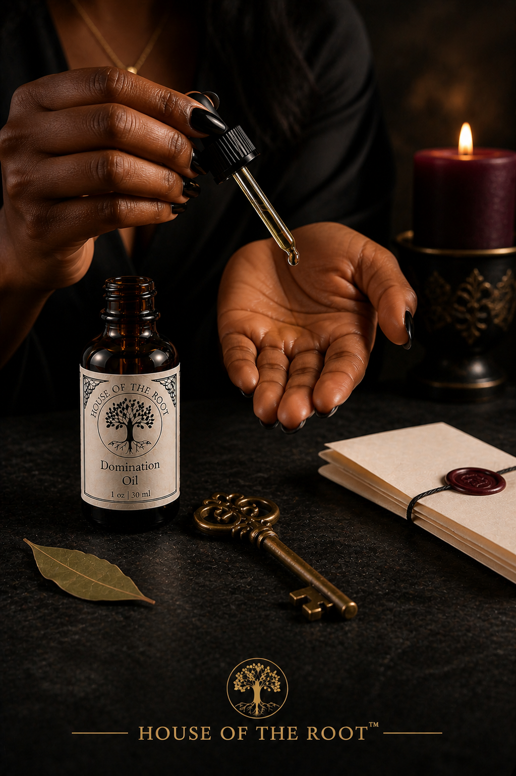 Black woman applying Domination Oil from dropper into palm with amber bottle on dark surface in controlled setting