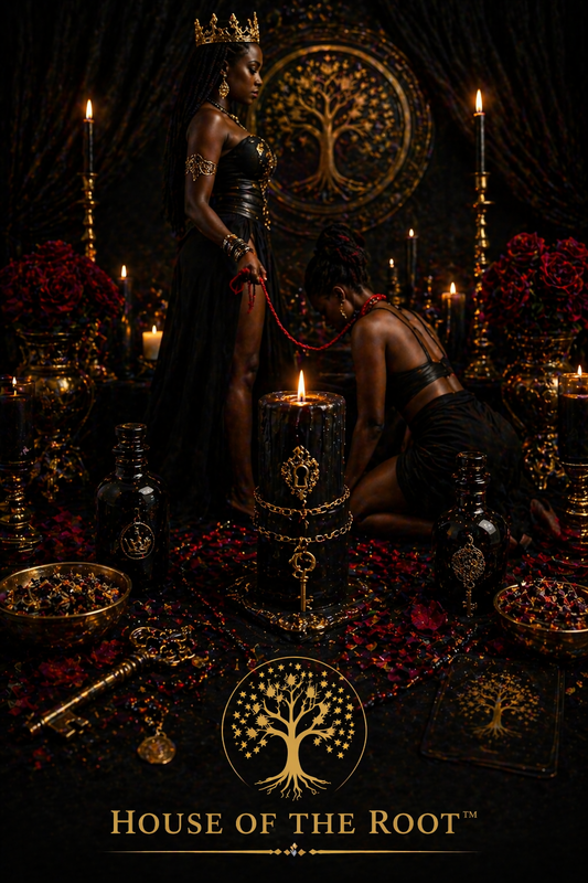 Spiritual domination altar with standing figure and kneeling figure connected by red cord representing control authority and influence in a situation