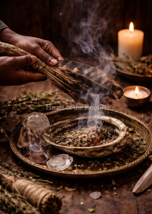 Smoke rising from herbs and candle showing active energy cleansing and reset process