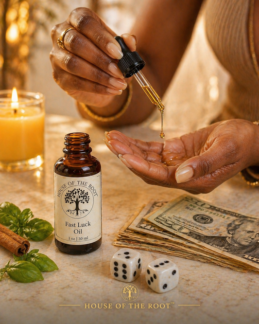 Black woman applying Fast Luck Oil from dropper into palm with amber bottle, dice, herbs, and real folded cash on light stone surface