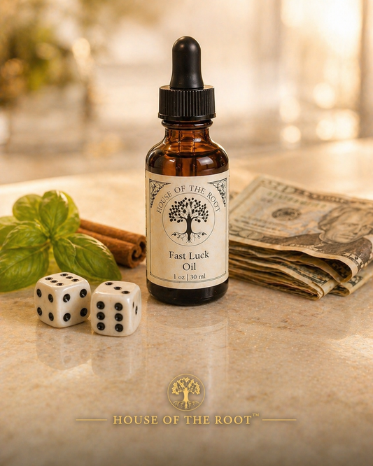 Amber bottle of Fast Luck Oil with dice, basil leaves, cinnamon stick, and folded U.S. cash on light stone surface in clean, bright setting