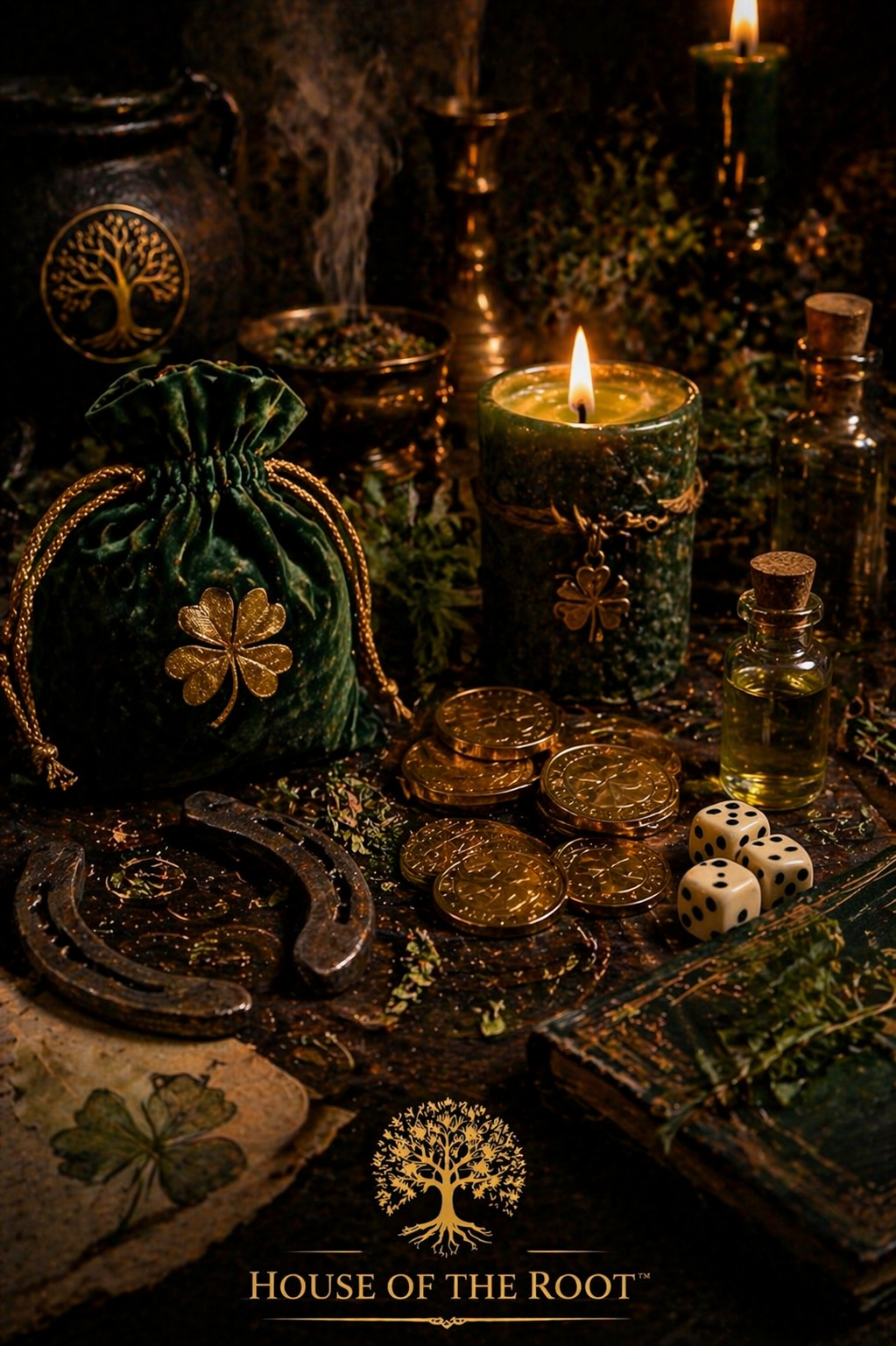 Candlelit altar with coins dice horseshoe herbs and luck symbols arranged to represent fast luck prosperity and rapid success energy