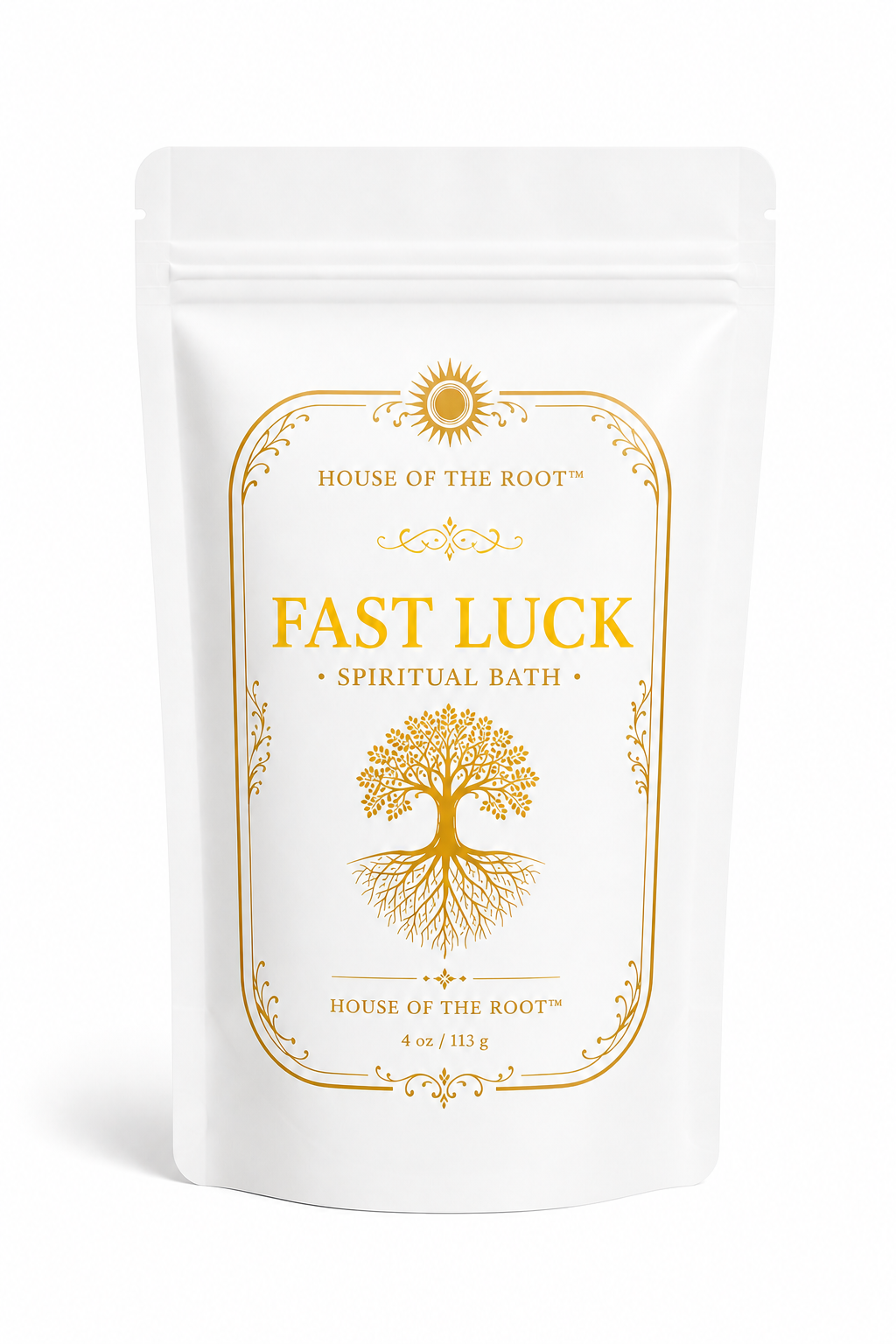 Fast Luck Spiritual Bath by House of the Root™ displayed in a clean, elevated setting with a matte white pouch and gold detailing, styled with bright, energized elements representing quick results, opportunity, momentum and immediate movement.