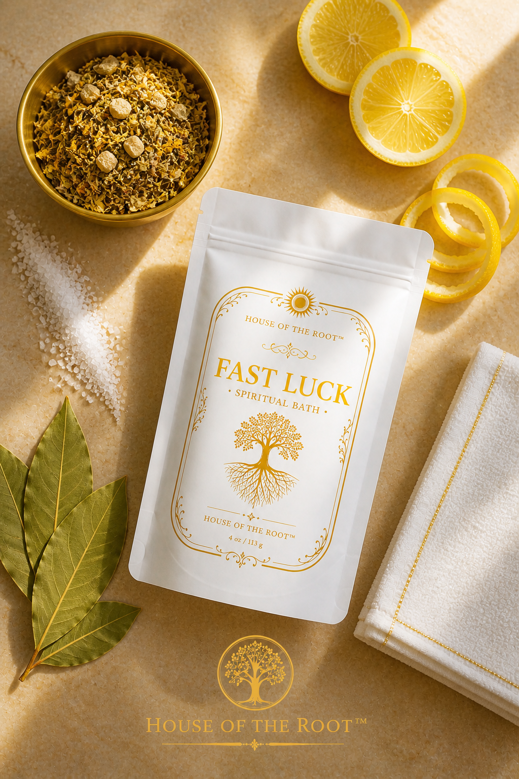 Black woman’s hands adding Fast Luck Spiritual Bath herbs into warm water on a neutral surface, with the product pouch visible in the background, representing preparation, intention and drawing in fast-moving opportunities.