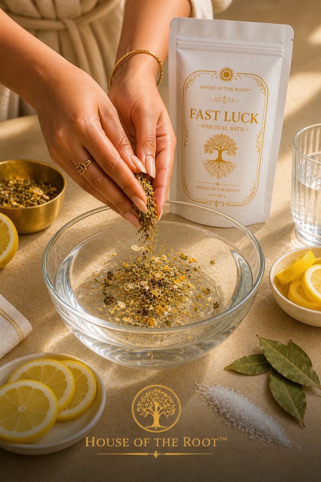 Bright, focused ritual scene showing Fast Luck Spiritual Bath prepared in water with a folded white cloth nearby, styled in a clean environment representing quick shifts, open pathways and accelerated results.