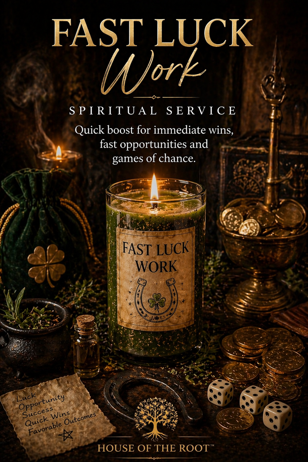 Green Fast Luck ritual candle surrounded by coins dice herbs and candlelight representing quick wins fast opportunities and favorable outcomes