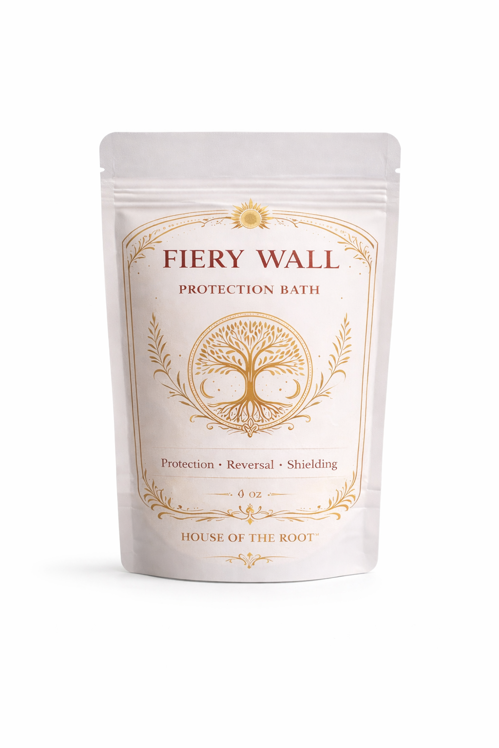 Fiery Wall Protection Bath by House of the Root™ in a 4 oz matte white pouch with gold detailing displayed on a clean white background.

