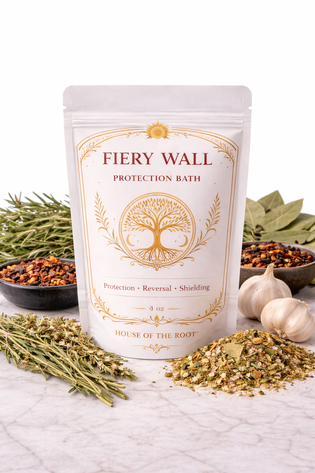 Fiery Wall Protection Bath by House of the Root™ styled in a ritual setting with candles, herbs, and warm lighting representing protection and spiritual defense work.