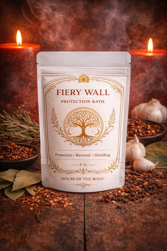 Fiery Wall Protection Bath by House of the Root™ surrounded by protective herbs including rosemary, bay leaf, garlic, and red pepper on a clean surface.
