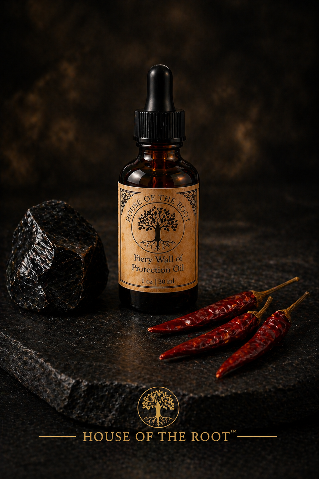 Amber bottle of Fiery Wall of Protection Oil with obsidian stone and three whole dried red chili peppers on dark stone surface in strong, controlled setting