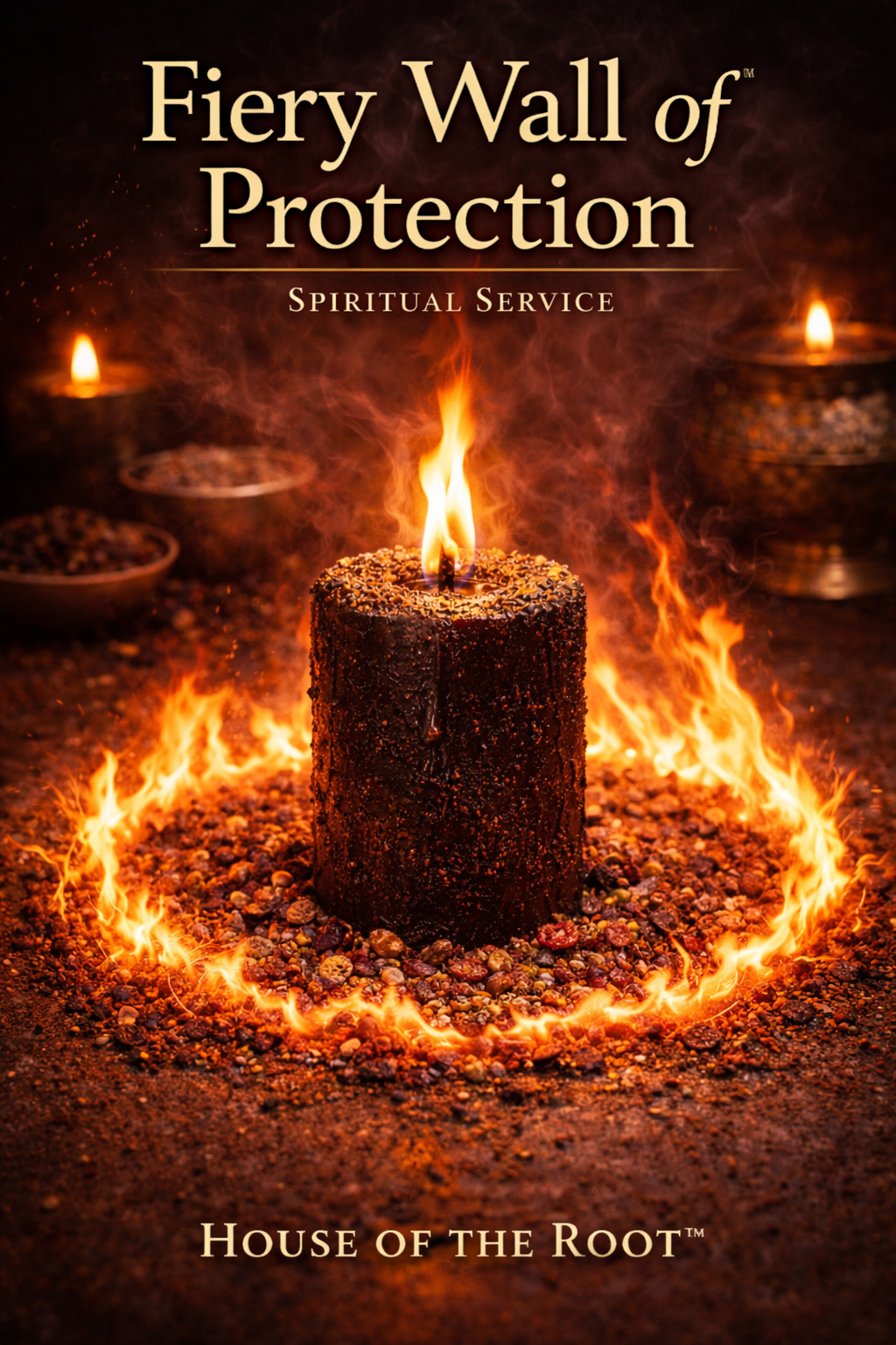 Burning black candle with strong flame and rising smoke representing fiery wall of protection spiritual work and energy defense