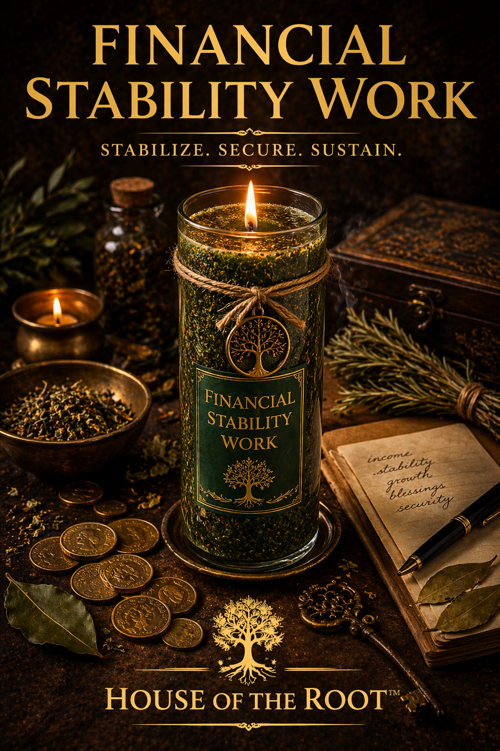 Financial Stability Work green dressed candle on altar with coins herbs & warm lighting House of the Root branding