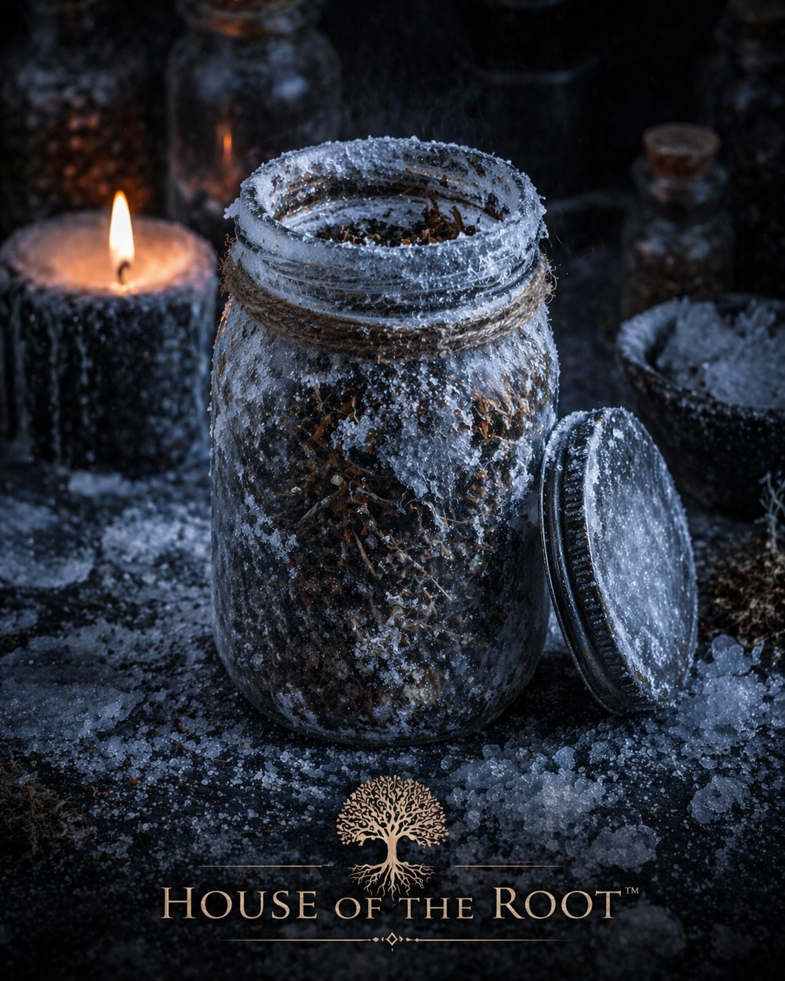 Frost-covered jar with herbs and ice representing freezer spell used to stop, restrict, and silence unwanted energy