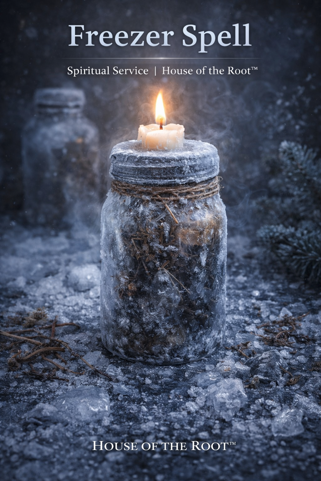 Frozen jar with candle and frost representing freezer spell used to stop, restrict, and silence unwanted energy and interference