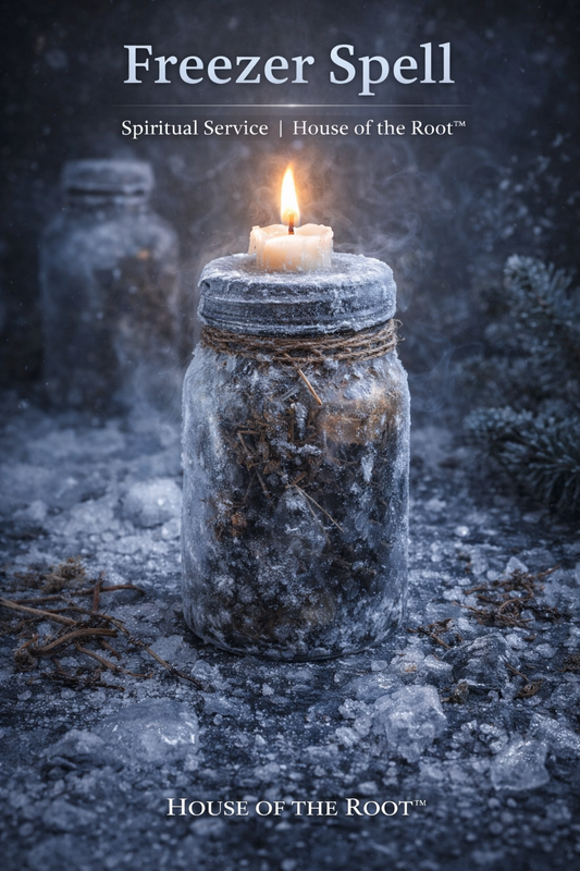 Frozen jar with candle and frost representing freezer spell used to stop, restrict, and silence unwanted energy and interference
