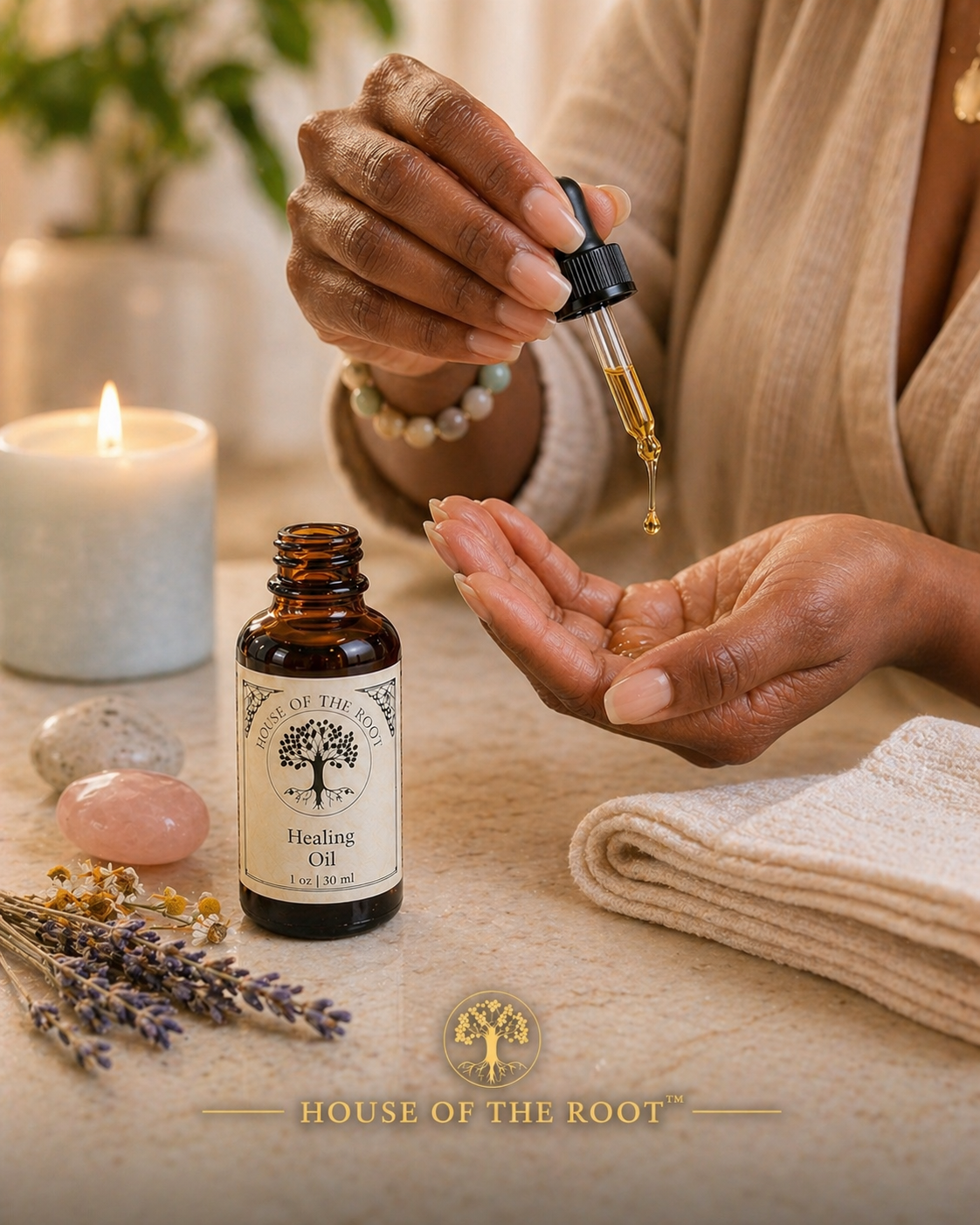 Black woman applying Healing Oil from dropper into palm with amber bottle, candle, folded towel, rose quartz, and lavender and chamomile on neutral surface