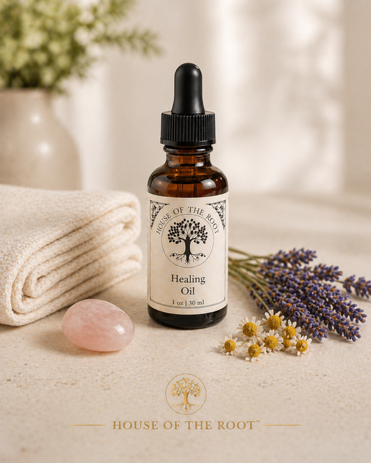 Amber bottle of Healing Oil with folded towel, rose quartz stone, and lavender and chamomile herbs on light neutral surface in clean calming setting
