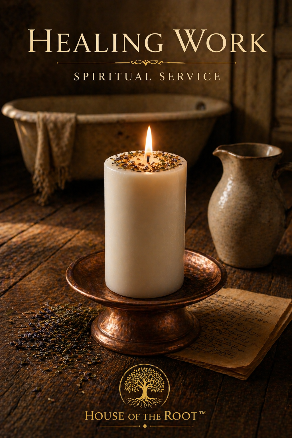 Handwritten petition paper beside a bowl of water and herbs on a wooden surface with a softly blurred tub in the background representing active healing work, cleansing, and spiritual restoration