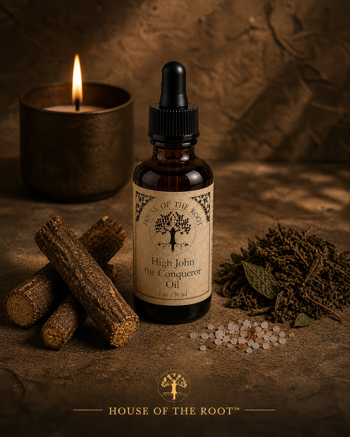 A luxury product scene featuring a centered brown glass dropper bottle labeled High John the Conqueror Oil by House of the Root™ on a warm neutral stone surface. The bottle is surrounded by solid High John root pieces, a compact grouping of herbs, and a minimal placement of coarse salt. A lit candle stands behind the bottle with a steady flame. The lighting is warm with deeper contrast, creating a grounded, powerful, and controlled visual presence.