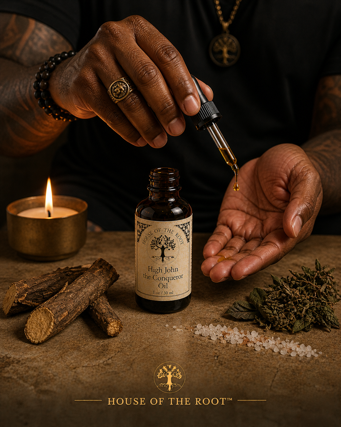 A luxury product scene featuring a centered brown glass dropper bottle labeled High John the Conqueror Oil by House of the Root™ on a warm neutral stone surface. The bottle is surrounded by solid High John root pieces, a compact grouping of herbs, and a minimal placement of coarse salt. A lit candle stands behind the bottle with a steady flame. The lighting is warm with deeper contrast, creating a grounded, powerful, and controlled visual presence.