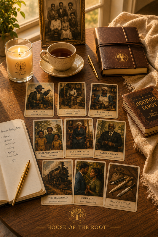 Editorial-style luxury spiritual reading image featuring Hoodoo Tarot inspired cards with Black ancestral figures, rootworkers, and Southern conjure imagery arranged beside a candle, tea cup, leather journal, notebook, and framed vintage family photograph on a polished walnut table in warm honey-gold evening lighting for House of the Root™ Ancestral Reading.