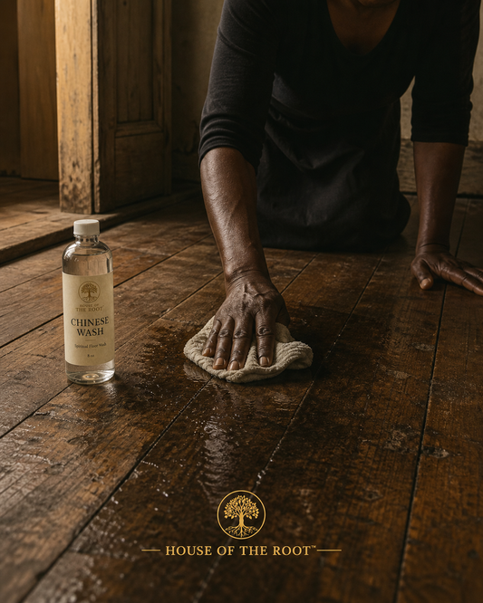 Person scrubbing a worn wooden floor by hand with a cloth while using House of the Root™ Chinese Wash, with visible wet cleaning path and bottle placed nearby in a grounded, old-style home setting.