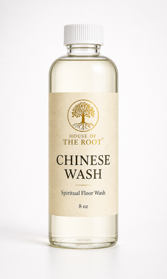 Clear 8 oz bottle of House of the Root™ Chinese Wash with white ridged cap and parchment label featuring gold tree logo, centered on a clean white background in a luxury studio product shot.