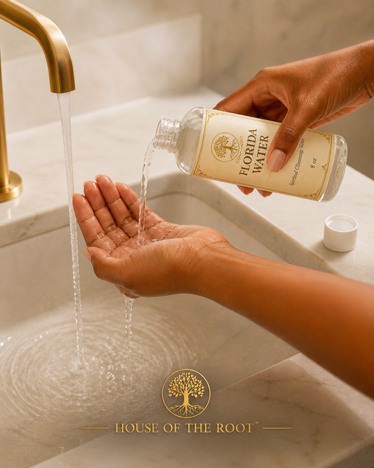 A close-up of hands under a modern sink pouring House of the Root™ Florida Water into the palm, showing a clean daily spiritual cleansing ritual with soft lighting and a neutral environment.
