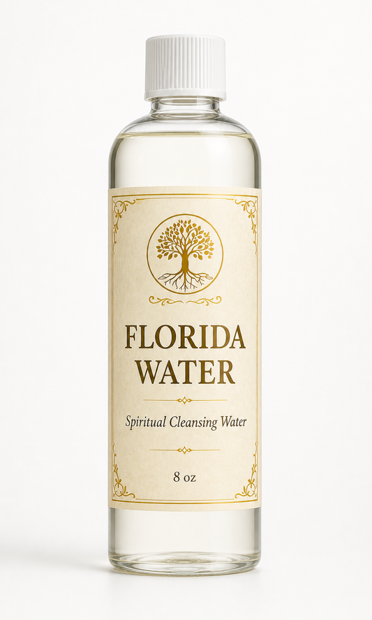 A clean luxury product image of House of the Root™ Florida Water in an 8 oz clear glass bottle with a white ridged cap and parchment-style label, centered on a soft white background with minimal shadow.
