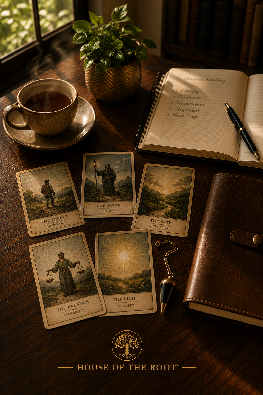 Editorial-style luxury spiritual reading image featuring tarot and oracle cards, leather journal, pendulum, ceramic tea cup, elegant pen, and open notebook arranged on a polished dark walnut table in warm natural sunlight for House of the Root™ General Reading.