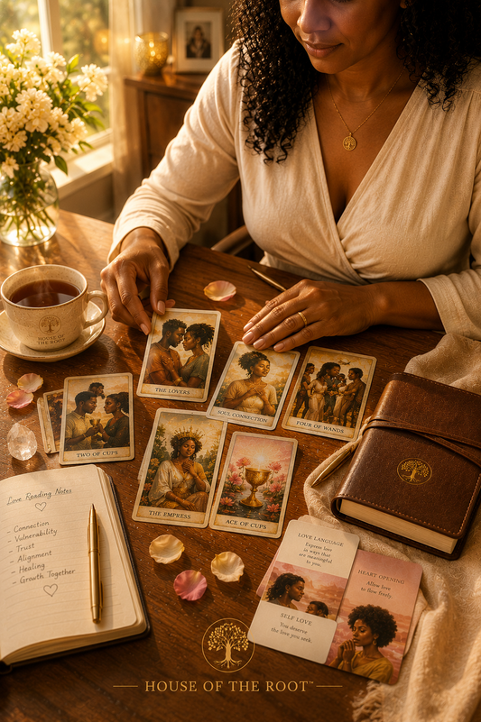 Cinematic lifestyle image of a beautiful Black woman conducting a House of the Root™ Love Reading session while thoughtfully arranging tarot and oracle cards featuring Black couples beside a leather journal, tea cup, notebook, and soft rose petals on a polished walnut table with warm sunset lighting.