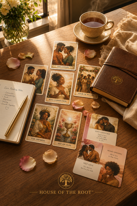 Editorial-style luxury spiritual reading image featuring tarot and oracle cards with Black couples and figures, leather journal, ceramic tea cup, notebook, delicate gold pen, and soft rose petals arranged on a polished walnut table in warm honey-gold sunset lighting for House of the Root™ Love Reading.