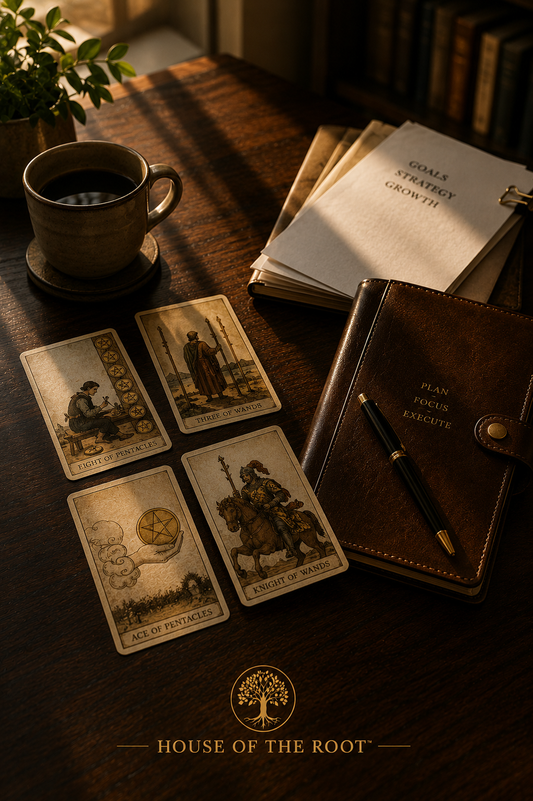 Editorial-style luxury spiritual reading image featuring tarot cards, leather planner, ceramic coffee cup, elegant pen, and strategic paperwork arranged on a polished dark walnut desk in warm natural morning sunlight for House of the Root™ Money & Career Reading.
