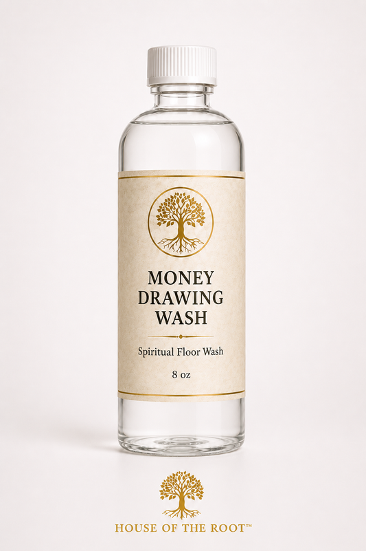 Luxury studio product image of House of the Root™ Money Drawing Wash spiritual floor wash in a clear 8 oz bottle with cream parchment label and gold tree logo on a soft warm ivory-white background.