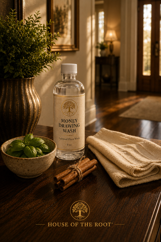 Luxury lifestyle image of House of the Root™ Money Drawing Wash displayed on a dark wood entry console table beside basil leaves, cinnamon sticks, and folded cream cloth with warm morning sunlight filling an upscale home interior.