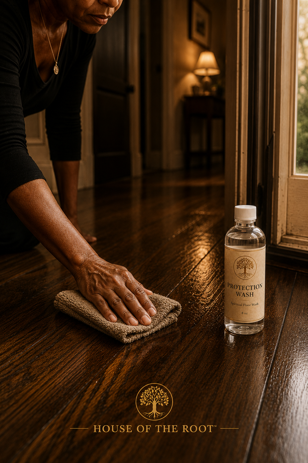 Luxury spiritual lifestyle image of a mature Black woman using House of the Root™ Protection Wash while wiping dark wood flooring near a doorway with warm cinematic lighting and grounded home protection atmosphere.