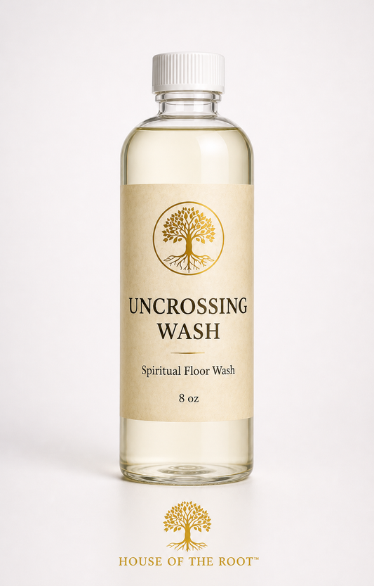 Clear 8 oz Uncrossing Wash bottle with cream label and gold tree logo standing upright against a clean neutral background, House of the Root™ branding below.