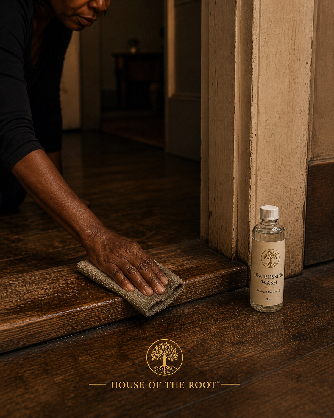 Hand wiping wooden floor with cloth beside an 8 oz Uncrossing Wash bottle near a doorway, warm lighting with House of the Root™ logo at bottom.
